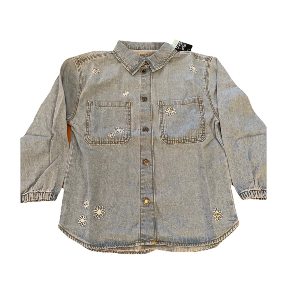 Girls Size 6 Okie Dokie Shacket (Shirt Jacket) Light Wash w/Embroidered Flowers